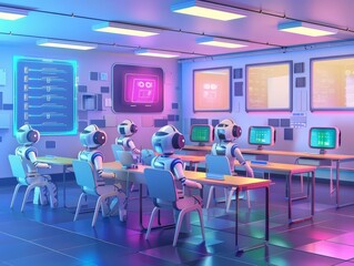 Wall Mural - 3d futuristic illustration pop art color of a hightech classroom with holographic displays and robot