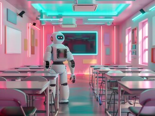 Wall Mural - 3d futuristic illustration pop art color of a hightech classroom with holographic displays and robot