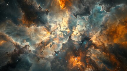 Poster - A vivid nebula glows with a mix of orange and blue hues amidst the darkness of outer space.