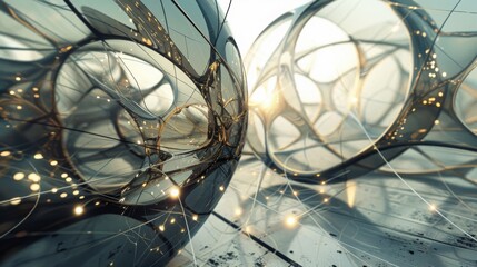 Fototapete - A complex web of intertwining lines and illuminated dots creating a three-dimensional network effect.