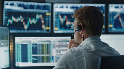 Wall Mural - A financial analyst analyzing stock market trends and data on multiple computer screens in a corporate office