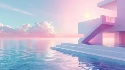 Aufkleber - A 3D rendering of an abstract pastel landscape background with architecture and geometric elements, a gradient sky scene with clam water, and a gorgeous gradient sky scene, a lake with clams, with a