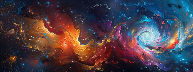 Poster - A vivid display of swirling colors mimicking a celestial nebula with hues of blue, orange, and purple.