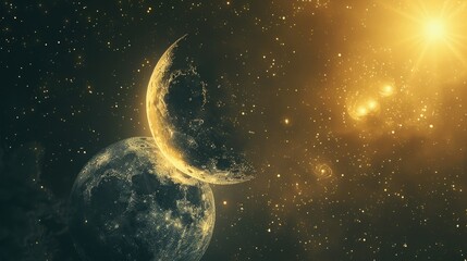 Wall Mural - the sun and the moon accompanied by shimmering stars cast lengthy shadows during both the day and th