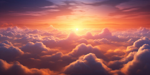 Wall Mural - Soft Golden Sunlight In Fluffy Clouds In Sky. Dramatic Dawn. Generative AI