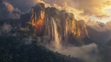 The majestic Angel Falls the tallest waterfall on Earth at 979 meters glistens in the morning sunlight after a night of heavy rain nestled within Venezuela s breathtaking Canaima National P