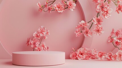 Leinwandbilder - 3D rendering of empty space podium display for product mockup background with flowers
