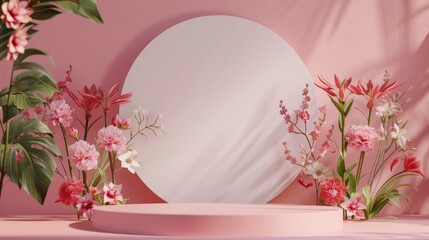 Wall Mural - 3D rendering of empty podium display for mockup product with flower background