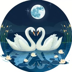 Two swans are swimming in a pond with a full moon in the background