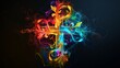 a colorful cross with swirls and leaves on it, a stock photo gothic art, stockphoto, photoillustration, black background