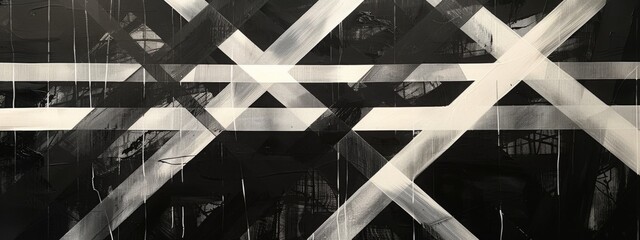 Fototapete - Black and white abstract painting featuring bold white lines crisscrossing against a dark background, creating a dynamic and visually striking composition.