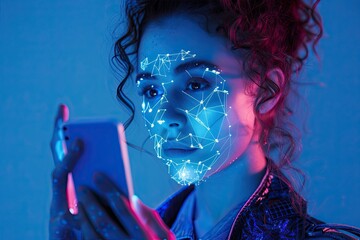 Woman holding a phone at facial recognition check. Face id technology background.