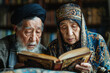 Elderly Middle Eastern couple reading a book together, showcasing cultural attire and wisdom. Card for an Islamic holiday.