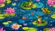An aquamarine seamless pattern featuring frogs and water lilies over a pond with flying butterflies