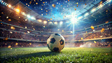 Close up of a soccer ball in the center of the stadium  with flying confetti