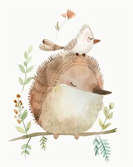 Wall Mural - hedgehog with a bird in garden, super cute adorable baby animal nursery clipart watercolor illustration isolated on white background, Generative Ai