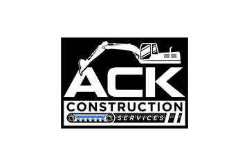 Logo design of an excavator at a construction site with the initials letters ACK, Heavy equipment work earth mover.