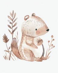 Wall Mural - squirrel in garden, super cute adorable baby animal nursery clipart watercolor illustration isolated on white background, Generative Ai