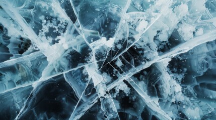 Poster - Close-up view of the complex natural designs of cracks and bubbles in the ice of a winter lake.