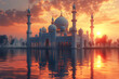 Sunset over a majestic mosque reflecting on water, perfect for religious and cultural themes. Card for an Islamic holiday.