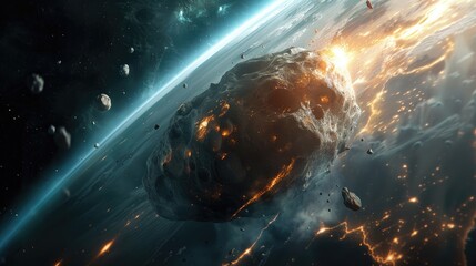 Wall Mural - in the vast expanse of space planet earth dances along its orbit while a massive asteroid looms omin