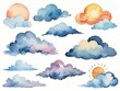 set of hand drawn watercolor clouds. illustration.