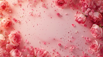 Wall Mural - Valentine s Day backdrop featuring a frame crafted from delicate rose blossoms set against a whimsical pink confetti strewn background