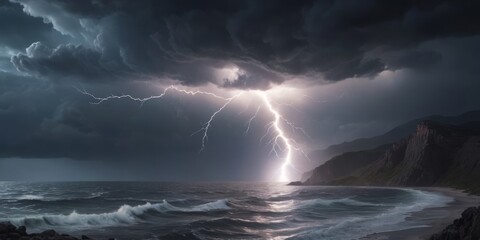 Wall Mural - lightning over the sea ocean. storm lightning. a huge branched lightning strikes the sea with a refl