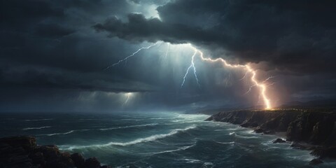 Wall Mural - lightning over the sea ocean. storm lightning. a huge branched lightning strikes the sea with a refl
