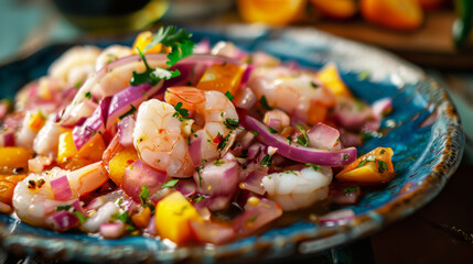 Wall Mural - A colorful bowl of shrimp ceviche with mango, onion, and cilantro garnishes