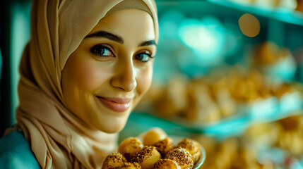 Canvas Print - Young Muslim woman taking Ramadan treats.