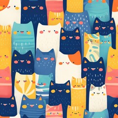 Wall Mural - A seamless pattern of colorful cats, with each cat featuring different colors and patterns, arranged in an orderly fashion on the canvas.