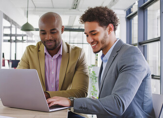 Two smiling businesspeople using a laptop together at work