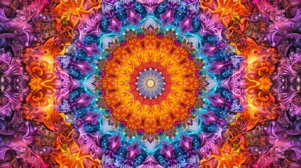 Fototapete - A symmetrical mandala design with intricate patterns and vibrant colors, suggesting a kaleidoscope effect.