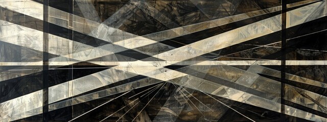 Aufkleber - A dynamic abstract painting featuring stark black and white lines moving across the canvas in a balanced and rhythmic composition.