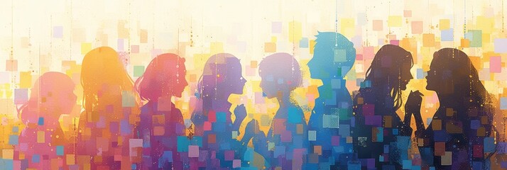 Poster - A vibrant and colorful abstract painting of women's silhouettes in different shades, representing diversity and the strength found within female communities. 