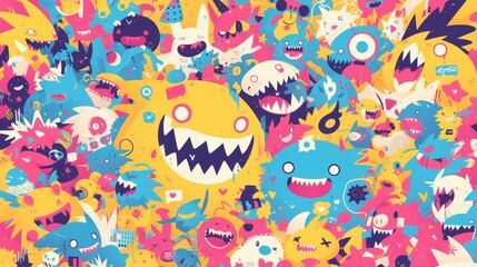 Wall Mural - A vibrant and colorful cartoon-style graffiti pattern filled with various symbols of street art