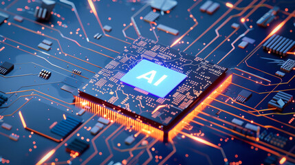 Poster - Abstract futuristic AI chip on a circuit board background, high tech and artificial intelligence concept