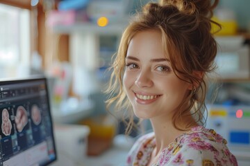 Poster - a smiling young woman with an engaging smile sits at a computer in a laboratory, reflecting focus an