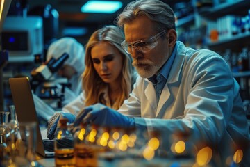 Poster - Two concentrated scientists, male and female, performing experiments in a modern scientific laboratory at night