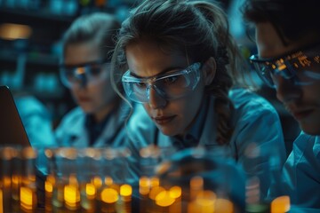 Poster - Busy laboratory with scientists analyzing samples and conducting experiments, showcasing the pursuit of knowledge
