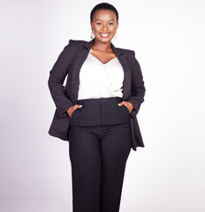 Wall Mural - Happy, business woman and fashion with formal suit for confidence in career isolated in studio. African female person, model and beauty with smile for corporate clothes with white background