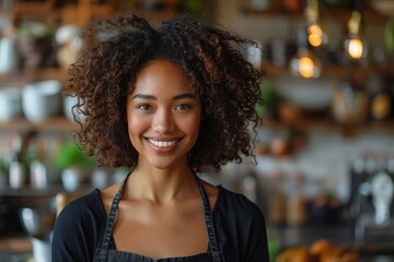 An engaging smile from a curly-haired woman in a warm cafe atmosphere