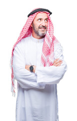 Poster - Senior arab man wearing keffiyeh over isolated background smiling looking side and staring away thinking.