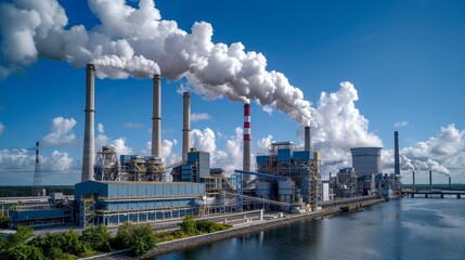 coal power plant with towering smokestacks emitting plumes of smoke against a backdrop of blue skies