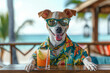 Cool Dog Wearing Sunglasses and Hawaiian Shirt Enjoying Cocktail in Tropical Bar Setting