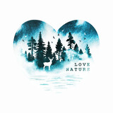 Fototapeta Dinusie - Love nature concept. Watercolor vector foggy coniferous forest with river in blue colors. Vector silhouette of heart with trees, birds, deer, text. Illustration with splashes for print, banner