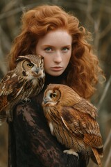 Wall Mural - Redhead woman with owls