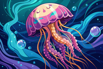 Jellyfish with flowing tentacles swimming in the ocean. Concept of ocean animal, sea creature. Graphic illustration. Print