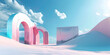 Surreal Beautiful Dream land background Abstract Dune in winter season landscape with geometric arch Fantasy island scenery with water and natural cloudy sky Metallic mirror arch
